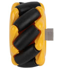 Side view of Mecanum wheel for geared motor; yellow ABS housing with black rubber rollers, 48mm diameter.