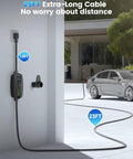 Road Ready Heavy Duty Level One And Two Electric Vehicle Wall Charger With Nema 14 30 Plug And J1772 Connector showing 25ft cable and EV.