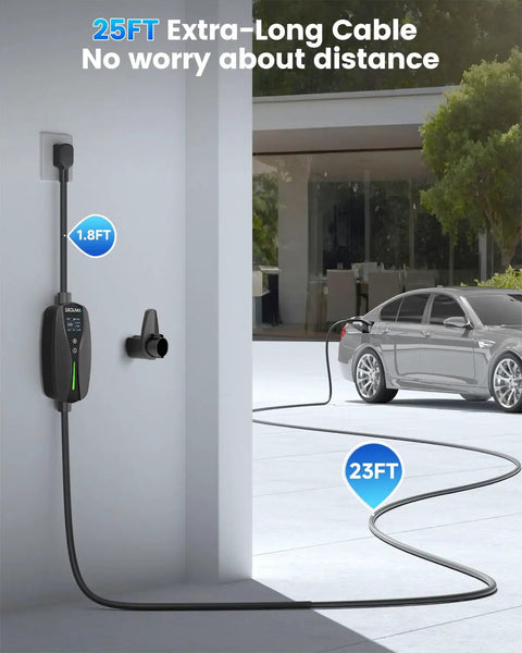 Road Ready Heavy Duty Level One And Two Electric Vehicle Wall Charger With Nema 14 30 Plug And J1772 Connector showing 25ft cable and EV.