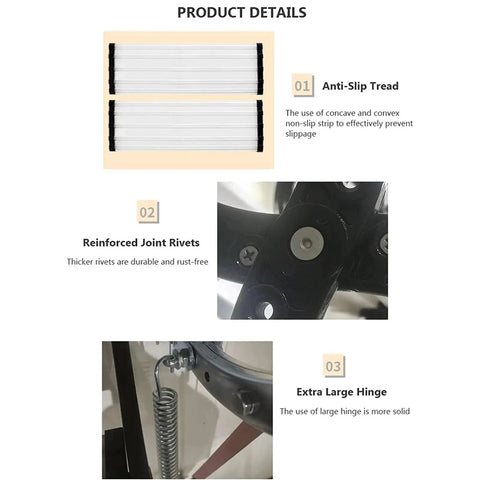 Premium Multi Size Telescoping Folding Extension Ladder System Featuring Smooth Electric Remote Control Mechanism And Solid Grip Non Slip Steps For No Sweat Indoor Ceiling Loft Access with anti-slip treads and reinforced joint rivets.