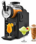 Smooth Operator Home Slushie And Soft Serve Ice Cream Maker With Zero Ice Needed Setup showcasing orange slush, green soft serve, and coffee drink.