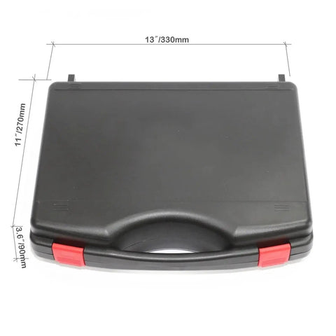 Black portable case for XZGK-01D Digital Hydraulic Accumulator Nitrogen Charging Tools And Pressure Test Kit, dimensions labeled.