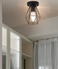 2-Pack Semi Flush Mount Ceiling Light Set In Industrial Black, Hollow Metal Cage Pendant in modern living room