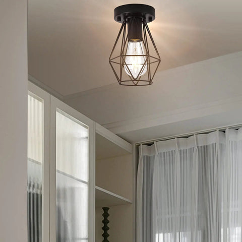 2-Pack Semi Flush Mount Ceiling Light Set In Industrial Black, Hollow Metal Cage Pendant in modern living room