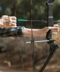 Close-up of archer holding bow with Archery Compound Bow Cable Slide Block Replacement Accessory Durable Plastic Bowstring Separator