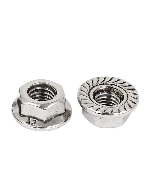 M6 Hex Flange Lock Nuts Set With Serrated Teeth 304 Stainless Steel 1mm Thread Pitch shown front and back