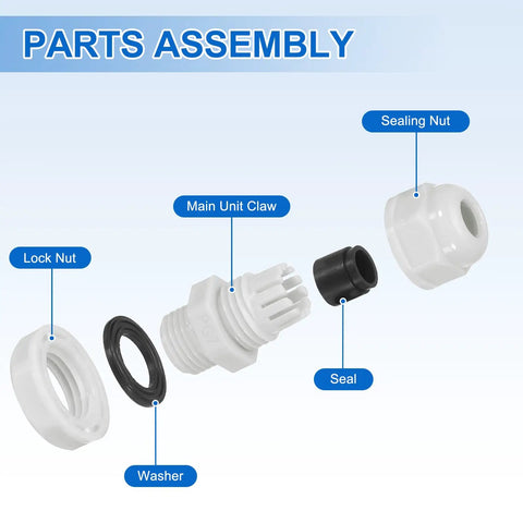 Image showing parts assembly of 30 Pack PG7 Cable Glands Adjustable 3-6.5mm PA6 Nylon IP68 Waterproof Connectors.