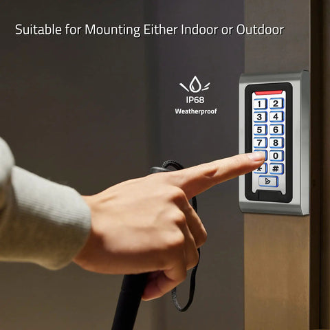 Standalone Door Access Control System With Backlit Password Keypad And Includes Five Proximity Key Fobs Supports 2000 Users Card Reader Weatherproof Zinc Alloy Case For Garage Door And Gate Opener installed and in use.