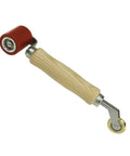 Wooden-handle welding seam roller with 40mm red silicone wheel and 6mm brass penny roller on metal bracket