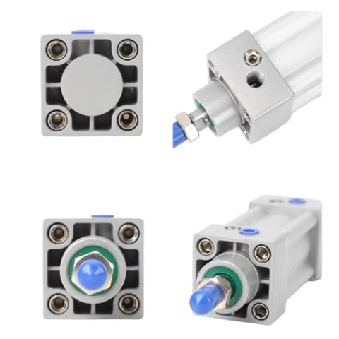 No Nonsense Heavy Duty SI Series Pneumatic Air Cylinder Mechanical Actuator Rock Solid Stroke Five Hundred Millimeter close-up views of attachment and end fittings.
