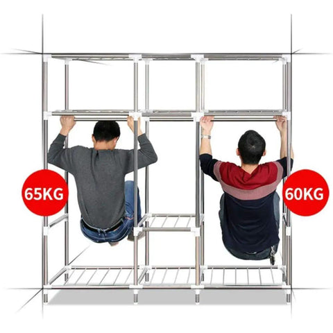 Two men demonstrating strength on a Roomy Portable Canvas Wardrobe Closet Storage Organizer Built Tough With Heavy Duty 25mm Steel Pipes.