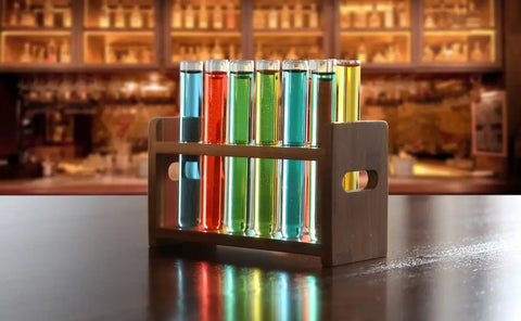 Bamboo Test Tube Shot Glass Rack With Built In Handle 12 Tube Capacity Rack Only Glass Tubes Not Included on bar counter