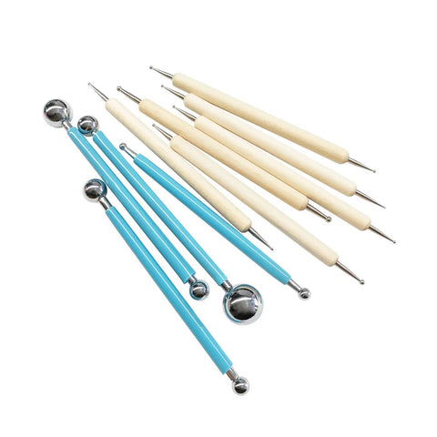 10 Piece Dotting Tools Set With Ball End Tips For Dot Art And Rock Painting, Ideal For Canvas, Seashells, Gourds, Clay Embossing And Mandala Designs, Lightweight Durable Handles, Beginner Friendly Craft Kit shown with blue and beige handles.