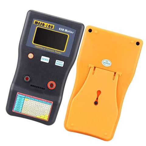 Pro Grade Capacitor ESR And Ohm Meter V2 with Auto Ranging 0.001 To 100.0 Ohms, SMD Test Clip, shown front and back