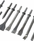Rugged Workhorse Pneumatic Chisel Set For Air Hammer 9 Piece Punching Bits Kit With 0.39 Inch Shank Heavy Duty Steel Chisels.