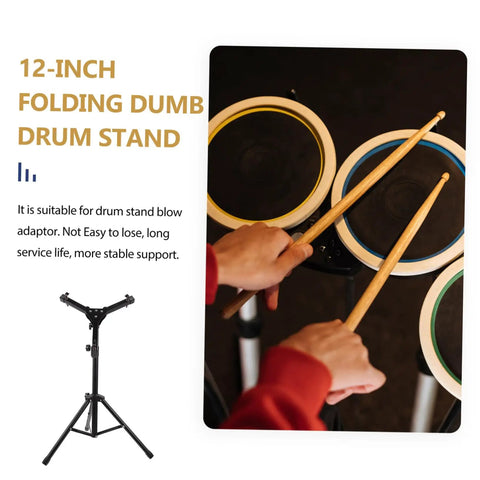 Heavy Duty Adjustable Height Snare Drum Rack With Slick Black Alloy Finish And Detachable Base For Rock Solid Performance On Any Standard Folding Tripod Stands with drumsticks resting on drum pads.