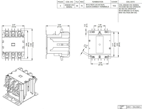 Industrial Grade 3 Pole Contactor 60 Amp 240 Volt Hvac Replacement Compatible With 42Ef35Ag UL certified wiring diagram and dimensions