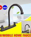 Road Trip Ready Eight Inch Metal RV Kitchen Sink Faucet Featuring Two Handle Design For Smooth Water Flow Control And No Hassle Swap Into Your Favorite Camper Setup Today, matte black finish and high arch design.