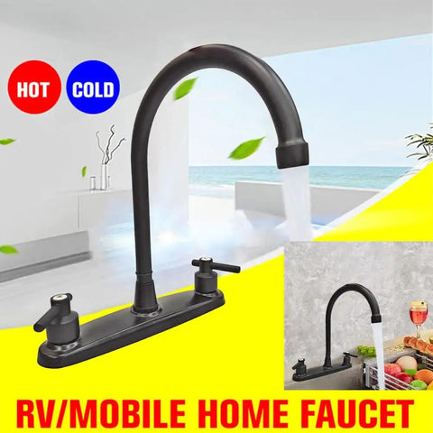 Road Trip Ready Eight Inch Metal RV Kitchen Sink Faucet Featuring Two Handle Design For Smooth Water Flow Control And No Hassle Swap Into Your Favorite Camper Setup Today, matte black finish and high arch design.