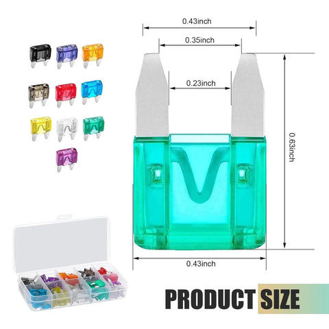 Badass 120 Piece Mini Blade Fuse Kit With Puller For Cars And Trucks Assorted Amp Ratings 2A To 35A displayed with size dimensions.