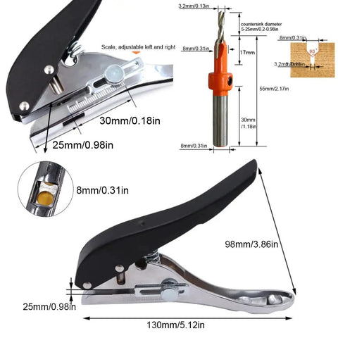 Heavy Duty Hole Punch Set Five Sixteenth Inch Eight Millimeter With Countersink Drill, single hand held long hole punch for paper, detailed measurements