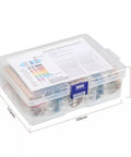 2600 Piece Resistor Kit With 130 Values 0.25W 1% Metal Film Resistors For DIY Electronics Nerds And Arduino Builders RoHS Compliant Includes Color Coded Storage Box And Quick Access Chart visible from side with dimensions.