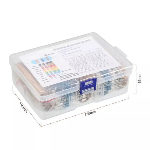 2600 Piece Resistor Kit With 130 Values 0.25W 1% Metal Film Resistors For DIY Electronics Nerds And Arduino Builders RoHS Compliant Includes Color Coded Storage Box And Quick Access Chart visible from side with dimensions.