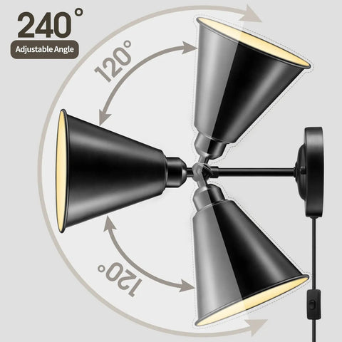 Plug In Black Metal Swing Arm Wall Sconce 2 Pack Industrial Vintage Style Wall Lamp Fixture With On Off Switch And E26 Base Adjustable 240 Degrees For Bedroom Porch Restaurants Headboard showing 240-degree adjustment