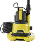 Badass Heavy Duty 1HP Submersible Pool Cover Pump With Detachable Base and Dual Outlets 3500 GPH, yellow housing and motor design.