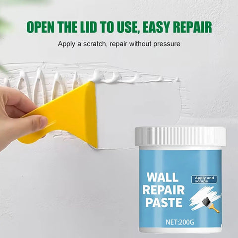 Applying wall repair paste for quick fix and seamless finish on drywall in kitchen, bathroom, ceiling, 200g tub visible