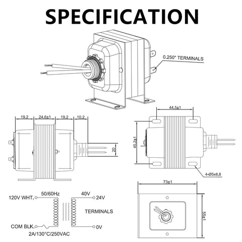 Technical drawing of 24V 40VA Thermostat And Doorbell Transformer For Ring Doorbell And Thermostats, showing dimensions and terminals.
