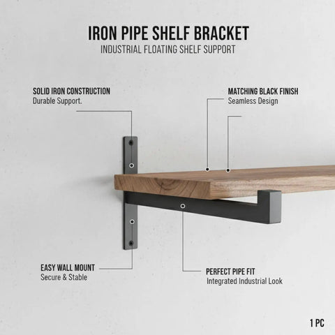 Industrial Pipe Shelf Bracket Wall Mount For Floating Shelves In Living Room And Kitchen showing black iron bracket on wall