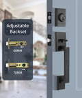Front Door Handleset With Single Cylinder Deadbolt In Matte Black Zinc Alloy Lockset For Exterior Entry, showing adjustable backset.
