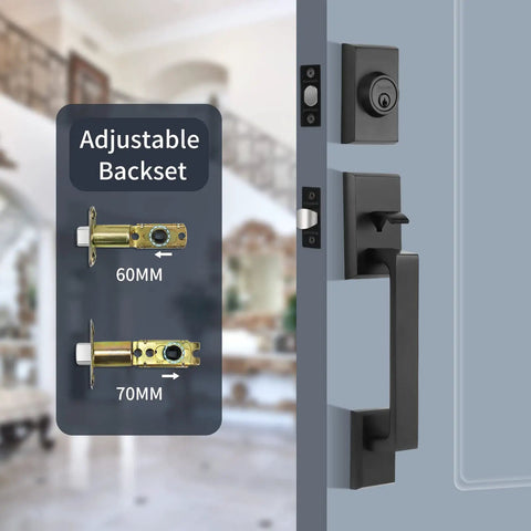 Front Door Handleset With Single Cylinder Deadbolt In Matte Black Zinc Alloy Lockset For Exterior Entry, showing adjustable backset.