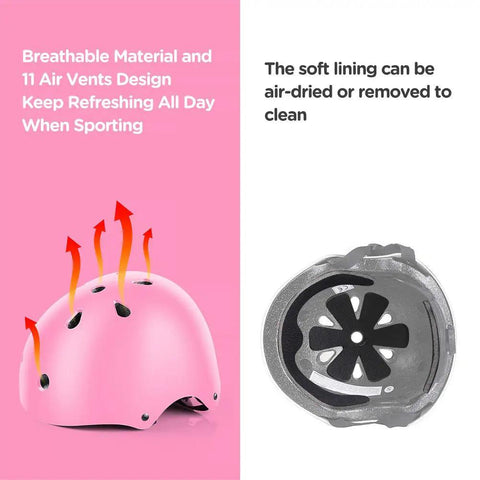 Breathable pink helmet with air vents from the All In One Kid Friendly Protective Gear Set With Adjustable Bike Helmet And Knee Pads For Ages 3 To 10 Safe For Bike Riding Roller Skating Scooters Girls Or Boys Pink.