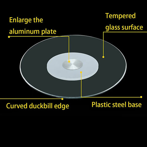 Solid Tempered Glass Lazy Susan Turntable Featuring Smooth 360 Spin And Safe Round Edge Guard with curved edge and center aluminum plate.