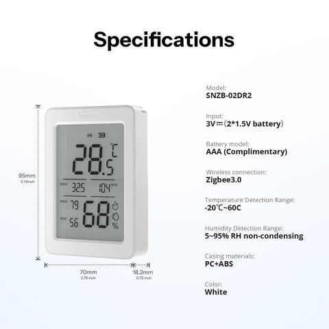 Indoor Zigbee Temperature And Humidity Sensor With 3.6 Inch LCD Display Real Time Readouts App Monitoring With Charts Alerts Data Export Remote Data View 1 Pack, white