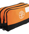 Heavy Duty Tool Pouch With Dual Compartments For Quick Organization Of Meters Leads Sockets Wrenches And Small Parts In A Tough As Nails Multipurpose Tool Bag You Can Count On, showing orange and black 1680d fabric