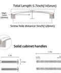 Diagram of 10 Pack 5 Inch Brushed Satin Nickel Cabinet Pulls Center To Center 128mm with screws and measurements