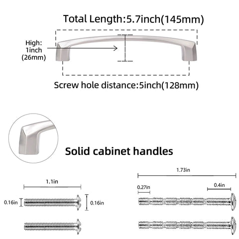 Diagram of 10 Pack 5 Inch Brushed Satin Nickel Cabinet Pulls Center To Center 128mm with screws and measurements