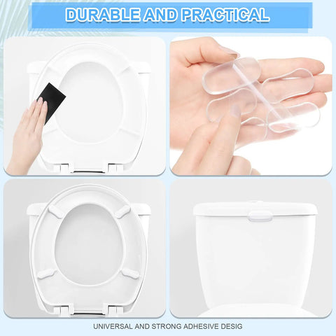 Image of Twenty Pack Toilet Seat Bumpers Replacement Kit with Universal Fit and Strong Adhesive, showing clear silicone bumpers and installation on a toilet seat.