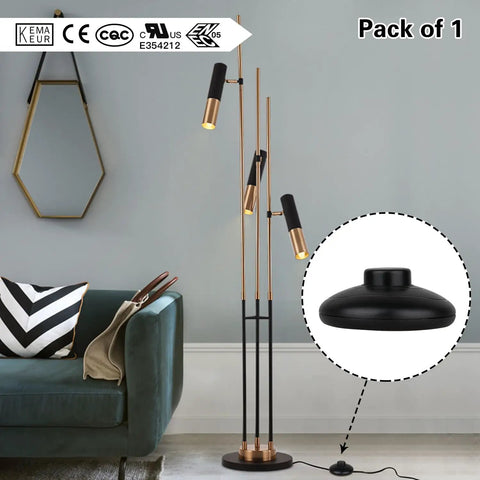 Floor Lamp Foot Switch Inline Pedal Switch For No Fuss Easy Control Round Black Push Button On Off Spring Loaded Step On Step Off Pedal Power Switch Replacement Part For Floor Lamps And Extension Cords UL Listed Safety, shown next to a stylish floor lamp in a living room setting.
