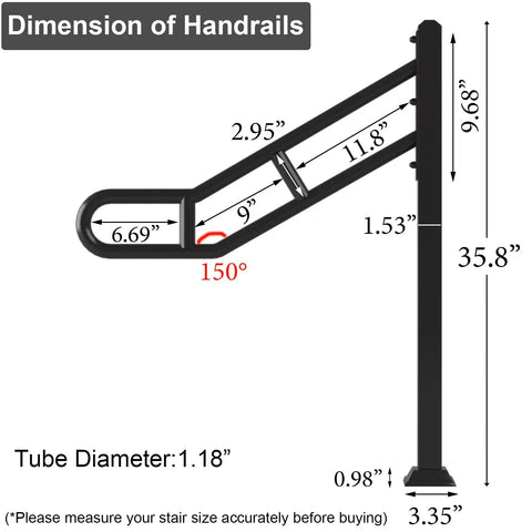 Outdoor Single Post Hand Rail For 1 To 3 Steps, Heavy Duty Wrought Iron Stair Railing With U Shaped Post, Floor Mounted Grab Rail, Anti Skid Crossbars For Garage, 32 Inch Long, 35.8 Inch High