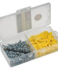 Klein Tools conical anchor kit with yellow plastic drywall anchors, silver screws, and drill bit in clear storage case.