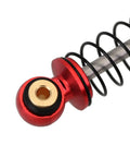 Close-up of red and black 39mm Aluminum Threaded Adjustable Oil Filled Shocks For SCX24 RC Crawlers, gold eyelet detail.