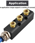 3 Way 5 Port Air Manifold For Compressors, Inline Air Hose Block Splitter, black manifold with connectors and hose attachment.