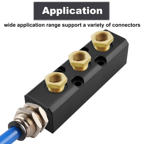 3 Way 5 Port Air Manifold For Compressors, Inline Air Hose Block Splitter, black manifold with connectors and hose attachment.