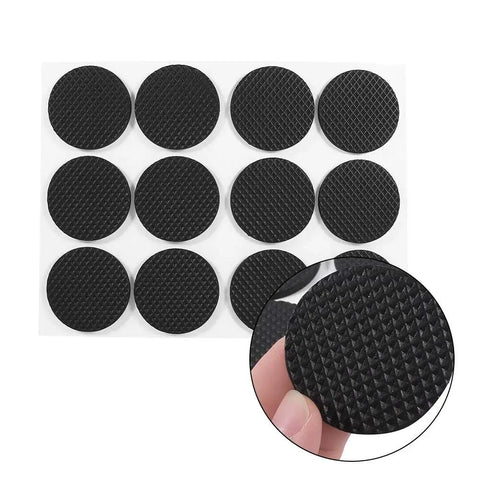 Close-up of Self Adhesive Furniture Floor Protectors 12 Pack Round Rubber Pads For Wood Floors And Table Chairs Desk Surfaces Anti Scratch Cushions With Strong Adhesive Black