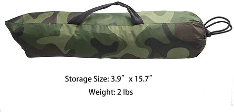 Camouflage Solo Camping Tent for Hiking Lightweight One Person Tent in carry bag with storage size details.