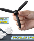 Hand holding RC plane propeller from Three Sets Spare RC Plane Propellers 3 Blade Pack Compatible With 76111 BF109 Remote Control Airplane.